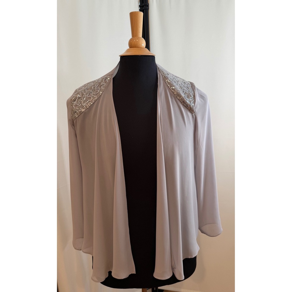 SLNY Women Silver Grey Sequin Shoulder Open Front Chiffon Jacket Size 8